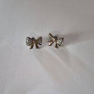 Gold Bow Earrings with Rhinestones